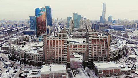 Center of the capital of Kazakhstan, aerial view.  Nur-Sultan from a bird's eye view.Winter view of Astana.