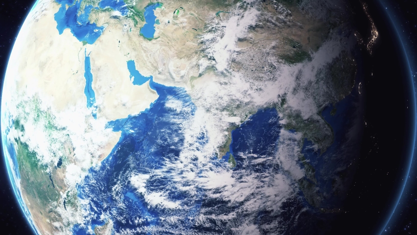 Earth zoom in from space and focus on Pyramid of Cheop. The animation continues by zoom out through clouds and atmosphere into space. Background for travel intro.