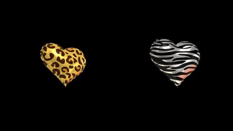 Leopard and zebra stripes texture Hearts Balloons Flying on screen, 4K animation on transparent background. Love Heart shaped balloons Fly
