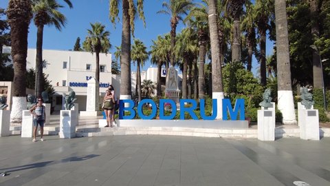 Bodrum sign, city name in capital letters. Bodrum Turkey August 2021