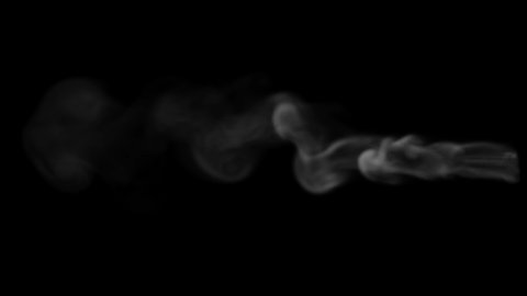 Tall and Thin Wisp of White Smoke with very Low Density going up Slowly on a Black Background
