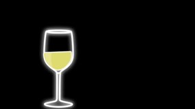 White wine in wine glass. Seamless loop animation on black background. 2D element. Drawing illustration.