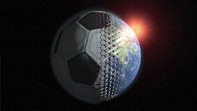 Soccer ball is formed with hexagons until it completely covers the planet Earth while it is spinning in the space full of stars. 3D Animation - Powered by Shutterstock - Get 15% off with code: PIKWIZARD15