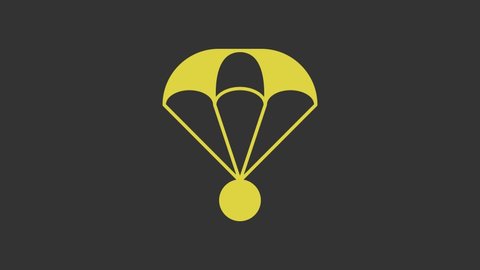 Yellow Parachute icon isolated on grey background. Extreme sport. Sport equipment. 4K Video motion graphic animation.