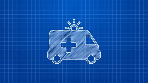 White line Ambulance and emergency car icon isolated on blue background. Ambulance vehicle medical evacuation. 4K Video motion graphic animation.