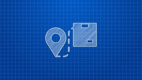White line Location with cardboard box icon isolated on blue background. Delivery services, logistic and transportation, distribution. 4K Video motion graphic animation.
