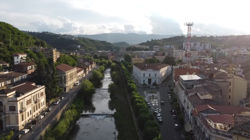 Scenic aerial view of the Old Town with the Busento River and historic buildings in Cosenza, Calabria, Italy
