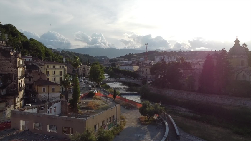 Scenic aerial view of the Old Town with the Busento River and historic buildings in Cosenza, Calabria, Italy