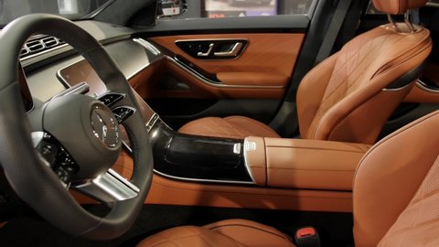 Volyn Oblast, Ukraine - February 23, 2021: Mercedes-Benz S-Class W223 new car dashboard, seat, steering wheel, airbag, car interior.