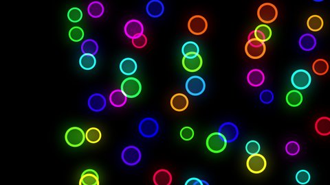 abstract and fun multi-colored circle bokeh shape particles in flat style. moving pass camera. light ray glowing shimmer radiance. random size scaling. Modern background. motion design.Loopable.LED 4K