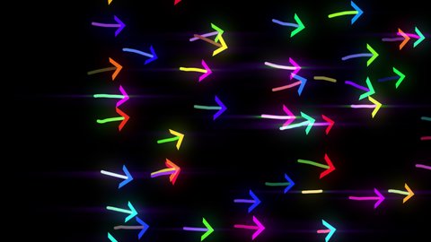 abstract and fun multi-colored arrow shape particles in flat style. moving pass camera. light ray glowing shimmer radiance. random size scaling. Modern background. motion design. Loopable.LED 4K