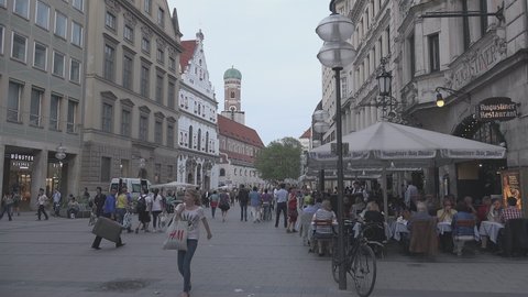 Munich, Germany,circa 2019: Karlstor, Karl City Gate Munich Stachus Busy Shopping Street with people