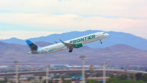 LAS VEGAS, NV - 2022: Frontier Airlines Airbus A321 Jet Airliner with Midnight The Wolf Livery Taking off from Las Vegas LAS Harry Reid International Airport Runway in Nevada
