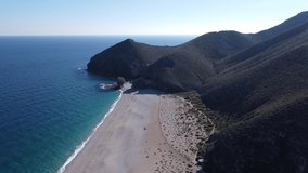 Aerial view of  Playa de los Muertos Beach. Carboneras, Cabo de Gata Natural Park, Almería, Spain. 4k Drone Video