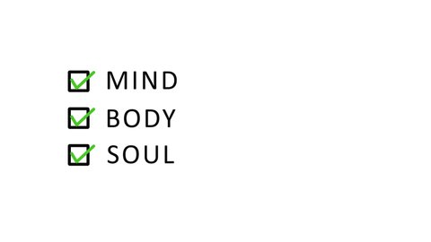 Mind Body Soul Animation with Box and Tick Sign on Black Background
