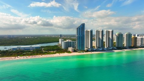 Sunny Isles Beach, FL, USA - February 4, 2022: The Ritz Carlton Sunny Isles Beach 4k aerial video