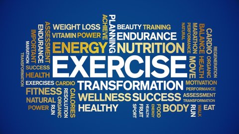 Exercise animated tag word cloud,text design animation kinetic typography seamless loop. 
