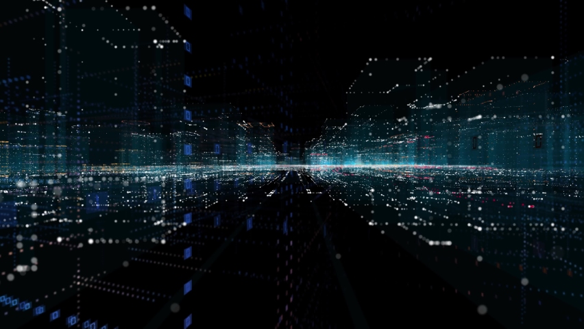 Abstract hologram 3D smart city. Digital buildings with binary code particles. Technology and connection concept. 4k 60fps - Powered by Shutterstock - Get 15% off with code: PIKWIZARD15