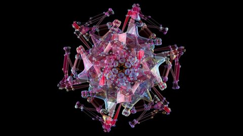 3d render of abstract art video loop animation with surreal kaleidoscopic fractal star alien flower based on triangle pyramids shapes in metal wire structure with transparent plastic parts on black 
