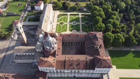 Aerial flight over Turin Torino, Royal Palace of Turin Giardino Ducale - Palazzo Reale di Torino