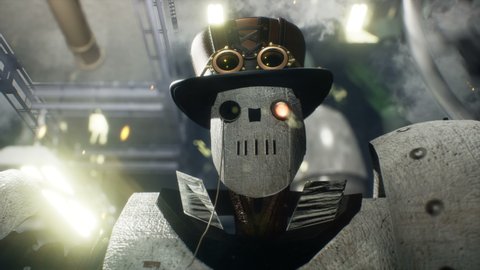 A vintage robot strides past ancient working sparkling mechanisms and fuming engines. Concept of an antique robot. The animation is perfect for steampunk, fantasy and technology backgrounds