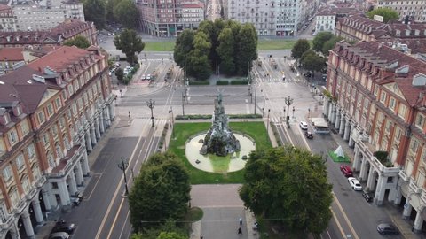 Aerial flight over the Monumento al Traforo del Frejus, ​​Turin Italy, Piazza Statuto