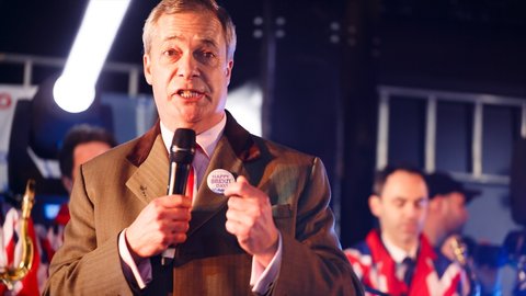 London, 31 Jan 2020 - BREXIT Day - A triumphant Nigel Farage, leader of Brexit Party, makes a speech in Parliament Square, London, UK on the day the UK left the European Union
