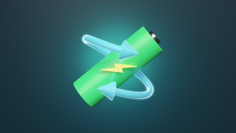 3d animation with battery charge indicator isolated on green background. charging battery technology concept, 3d illustration, 3d render