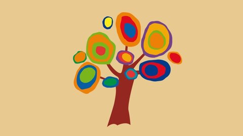 Abstract tree with flowers and fruits. Fake framework in materialism and abstractionism style. Animated illustration