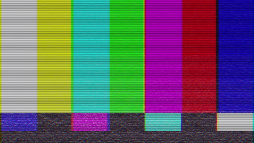 Test pattern from a tv transmission with colorful bars. SMPTE color bars with VHS effect. SMPTE color stripe technical problems. Color Bars data glitches. Royalty-Free Stock Footage #1086588851