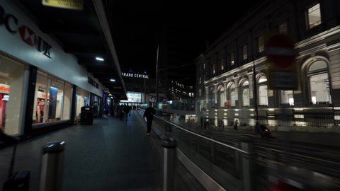 BIRMINGHAM, UK - 2022: Low night shot of Birmingham city centre UK Grand Central New Street railway station