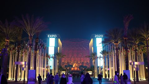 Dubai, United Arab Emirates - January 2022: Expo 2020 UAE, View of the main entrance of evening Al Wasl Dome. Mobility opportunities innovation, future, technology, business people, world exhibition