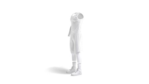 Blank white basketball uniform mockup, looped rotation, 3d rendering. Turning t-shirt, shorts, shooter sleeve for professional team, isolated on white background. Bascketball tracksuit template.