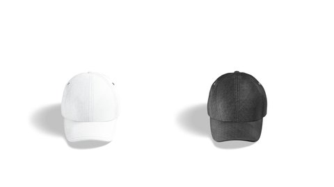 Blank black and white baseball cap mockup, looped rotation, 3d rendering. Empty cycled head wear with visor mock up, isolated on white background. Clear jeans snap back for uniform template.