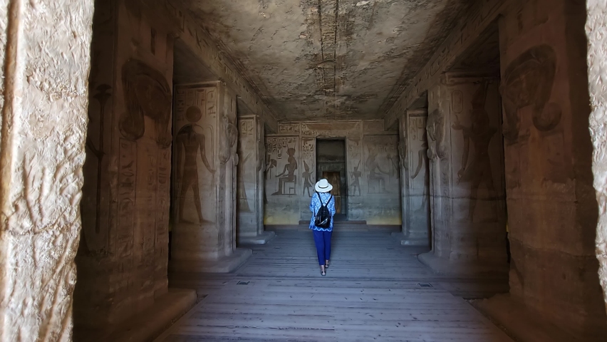 Aswan, Egypt - November 2021:Turis in temple of Nefertari next to the temple of Abu Simbel temple of Pharaoh Ramses II in southern Egypt in Nubia next to Lake Nasser.