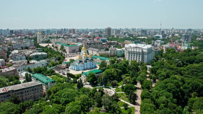 Park area on St.Volodymyr Hill. Aerial view on Kyiv city center.
