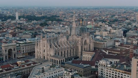 Aerial Drone Of Milan Cathedral Piazza Del Duomo Di Milano And  Galleria Vittorio Emanuele City Center Of Milano At Sunset
