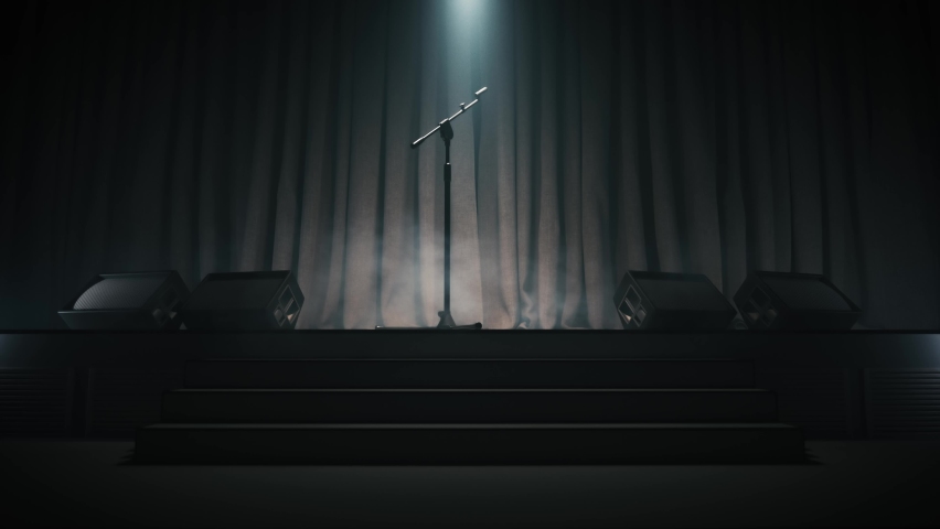 Microphone on stage with smoke. Microphone on an empty stage. Waiting for the performance of an artist.  The silhouette of the microphone. 3d animation Royalty-Free Stock Footage #1086597095