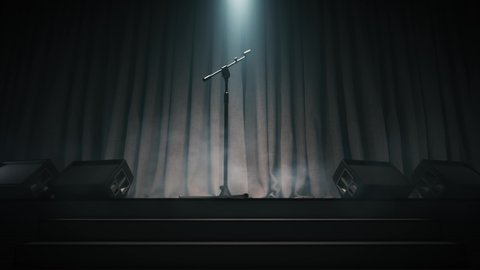 Microphone on stage with smoke. Microphone on an empty stage. Waiting for the performance of an artist.  The silhouette of the microphone. 3d animation