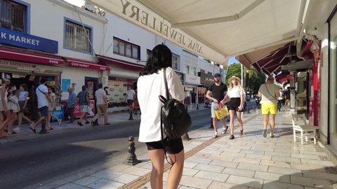 Central street of the resort town of Bodrum. Bodrum Turkey August 2021