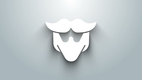 White Mustache and beard icon isolated on grey background. Barbershop symbol. Facial hair style. 4K Video motion graphic animation.