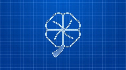White line Four leaf clover icon isolated on blue background. Happy Saint Patricks day. National Irish holiday. 4K Video motion graphic animation.