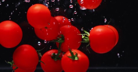 Slow-motion of Red Small Cherry Tomatoes falling into the Water. Fresh Vegetables Splashing into Clear Water on Black Background. Vegetables Float in the Water. Healthy Eating.