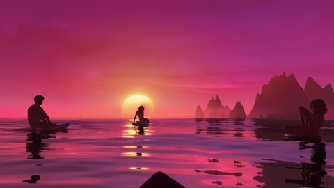 Surfers waiting in line up on the surfboards and watch the sunset. Seamless looping summer POV 3D animation with dramatic ocean, burning sky and golden waves. 4k outdoor fitness and active lifestyle