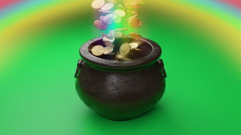 Saint Patrick’s day greeting. Golden coins falling inside pots, green colored background, bright rainbow, light effects. Traditional Irish symbol of success, luck. Leprechaun’s gold. 3D Render 4K loop
