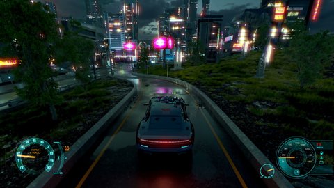 4k Futuristic cyberpunk faked 3d gameplay, videogame of future sci fi technology. Neon glow night. hud.