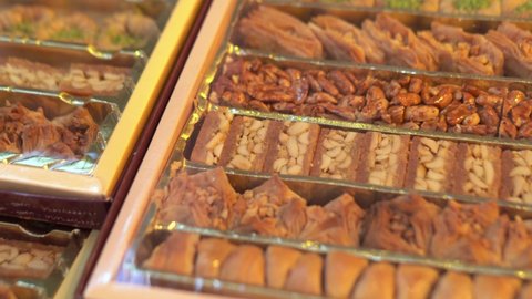 Wide range of Traditional Middle Eastern dessert Baklava candies in the local Arabian sweets shop