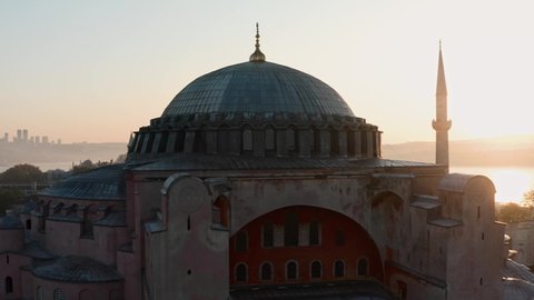 Stunning sunset close up aerial shot of Suleymaniye Mosque during the lockdown