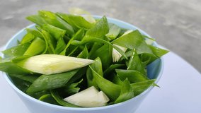 Close-up footage of rotating chopped fresh scallions in a blue plastic bowl