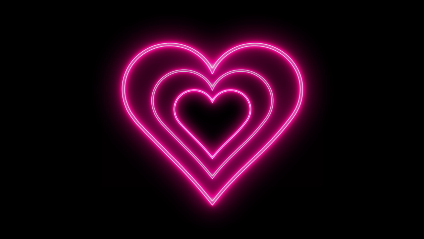 Animated Radial Concentric Beating Heart Icon with Pink Neon Light Effect Isolated on Black Background. Valentines day design element. Glowing neon heart | Shutterstock HD Video #1086627596